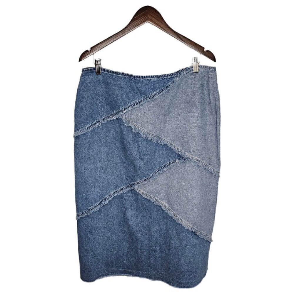 Patchwork Skirt Denim blue boho straight midi casual skirt size 2X